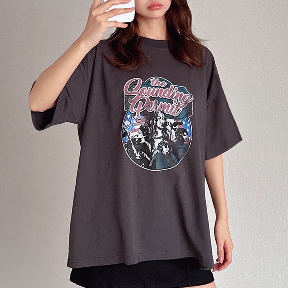 復古搖滾印花寬版短袖T恤-炭灰 (F)