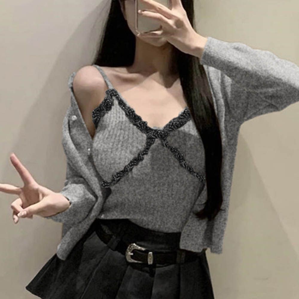 蕾絲細肩帶背心+珍珠薄針織外套(2件組)-灰 (F)
