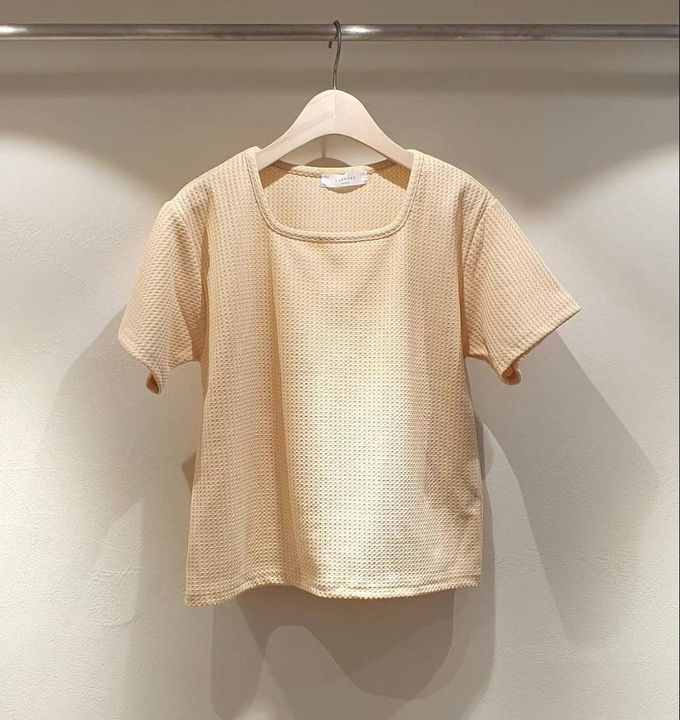 韓國 LANDING - 鬆緊格紋方領短袖上衣-淺黃 (FREE)