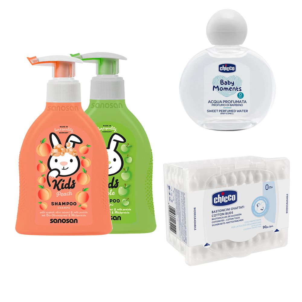 兒童洗髮精x2+Chicco寶貝嬰兒植萃淡雅香水100ml+護耳棉棒-蜜桃+蘋果