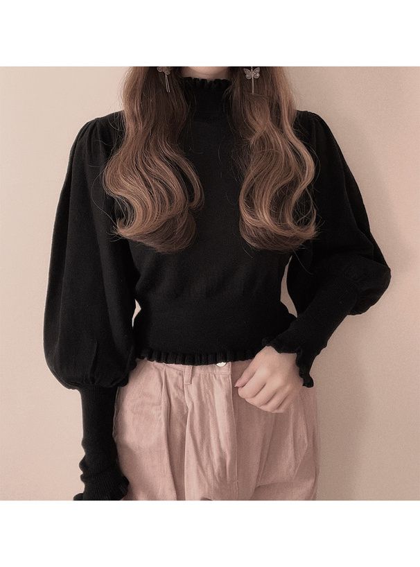 日本 GRL - 歐風立領澎澎袖針織上衣-象牙杏