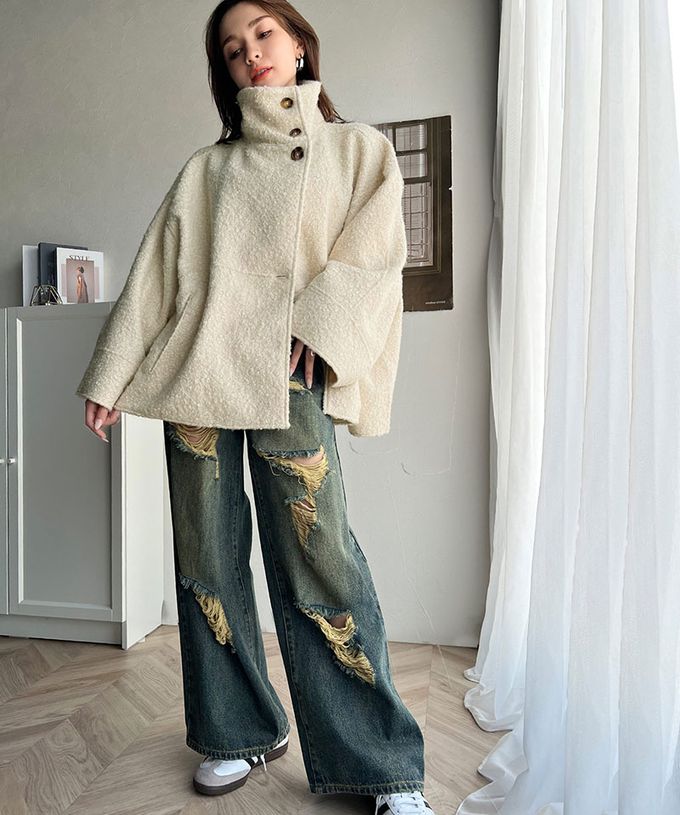 日本 Classical Elf - 玳帽扣時尚立領廓形毛絨大衣-炭灰