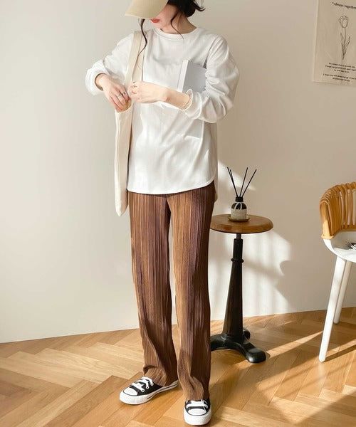 日本 Classical Elf - 光澤感細褶垂墜感長褲-焦糖棕