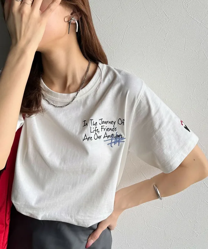 日本 Classical Elf - 有機棉 英文塗鴉風短袖上衣-黑白條紋