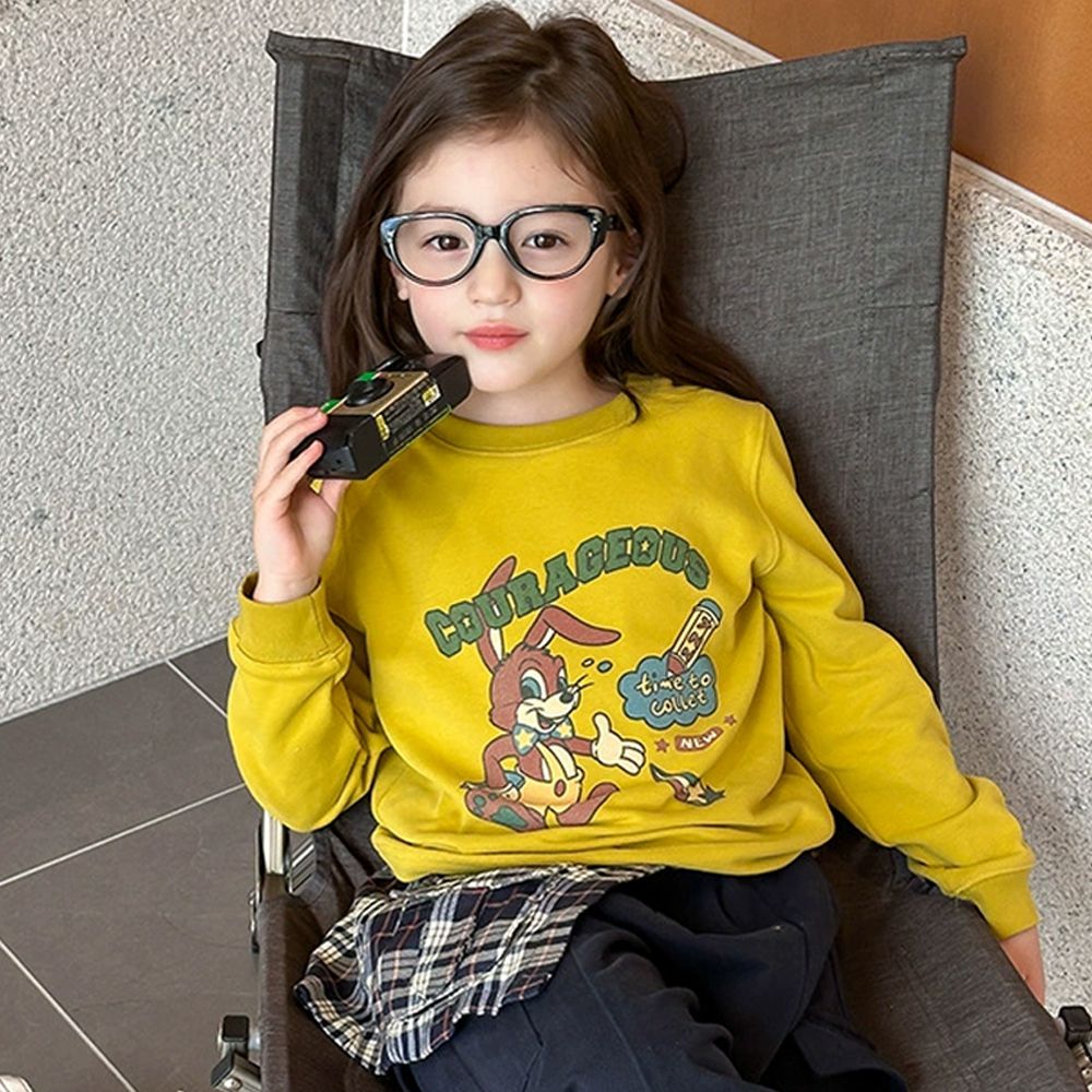 棉質美式休閒長袖上衣-美式復古兔-黃綠色