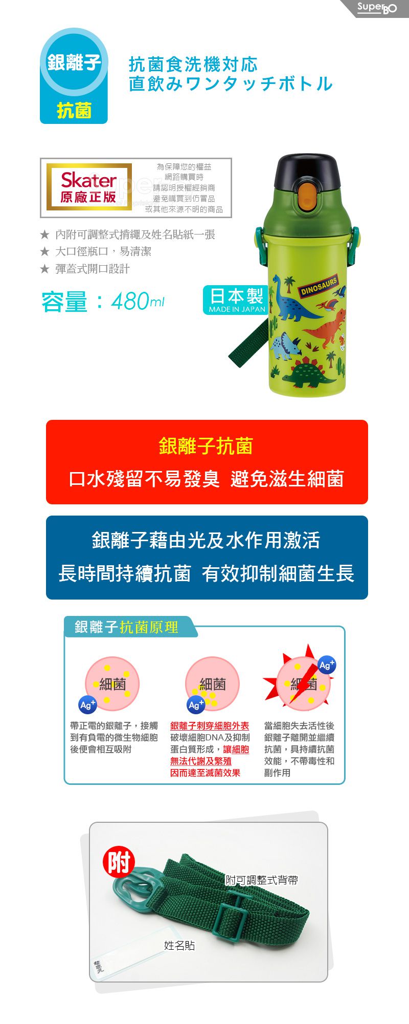 日本 SKATER - 銀離子直飲水壺(480ml)-粉粉龍