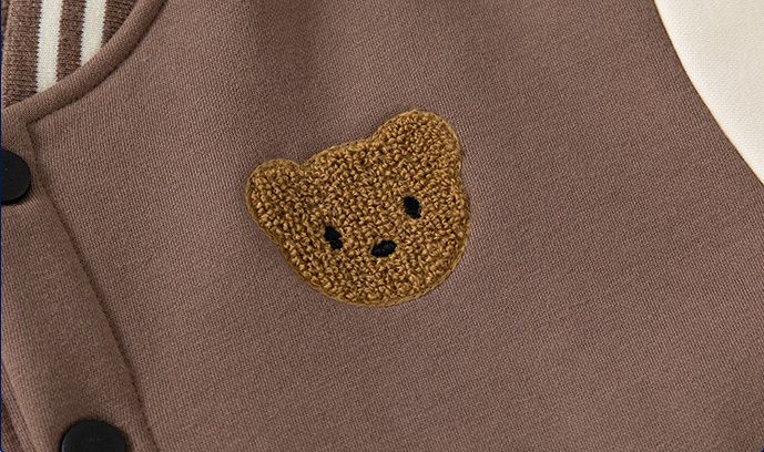 WELLKIDS - 加絨拼色休閒棒球外套-熊熊-咖啡+米白