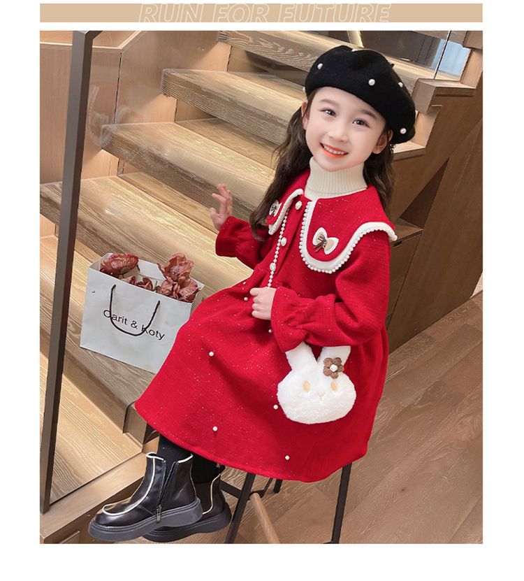 加絨不規則翻領氣質長袖連身洋裝-蝴蝶結-紅色