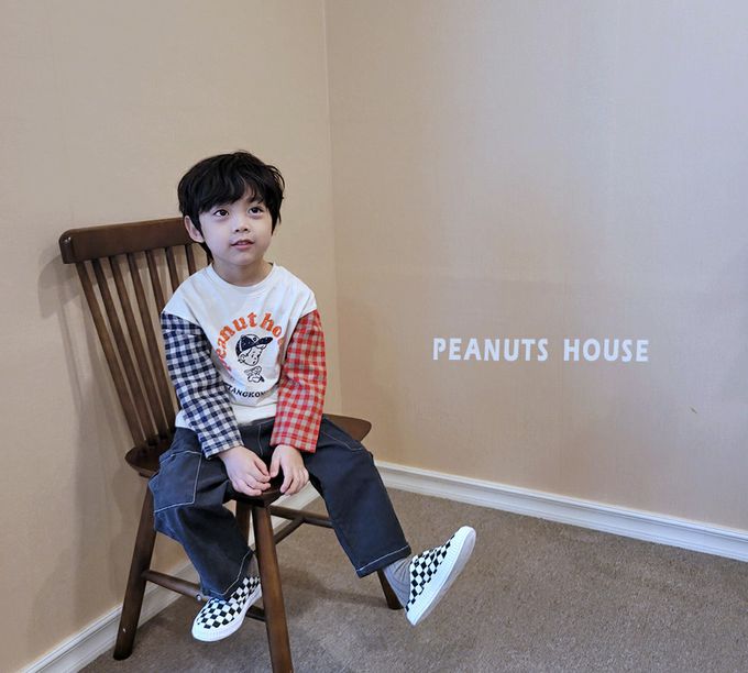 韓國 Peanuts House - 男孩印雙色格子拼接長袖上衣-藍黑X米杏X紅