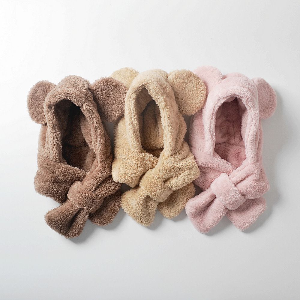 毛絨絨圍脖一體帽-小熊耳朵-咖啡色 (M(約3歲到8歲))