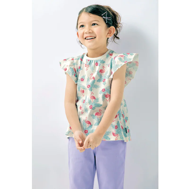 日本千趣會 - GITA 涼爽天竺棉短袖上衣-粉紅鶴-白