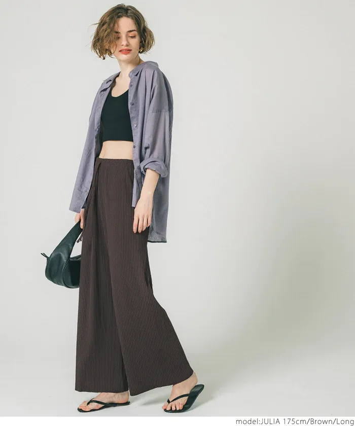 日本 COCA - [可剪裁] 速乾垂墜彈性風琴寬褲-淺灰棕