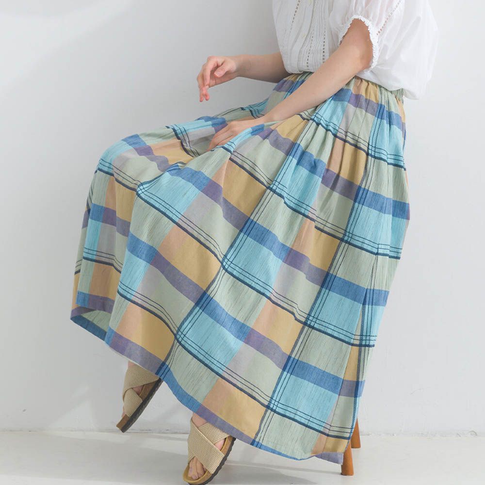 100%棉 漸層色輕盈格紋長裙-水藍x黃