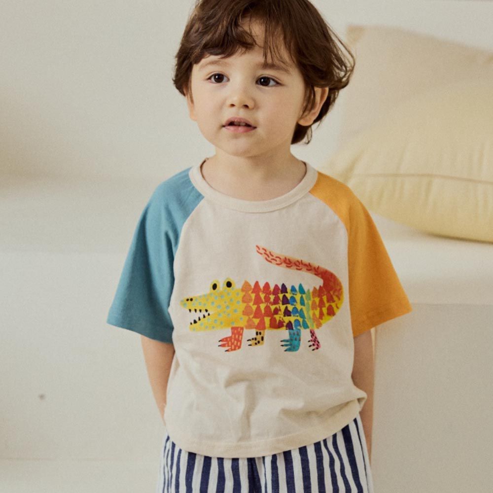 韓國 Mimico - 童趣雙色短袖上衣-鱷魚-藍綠X橘黃