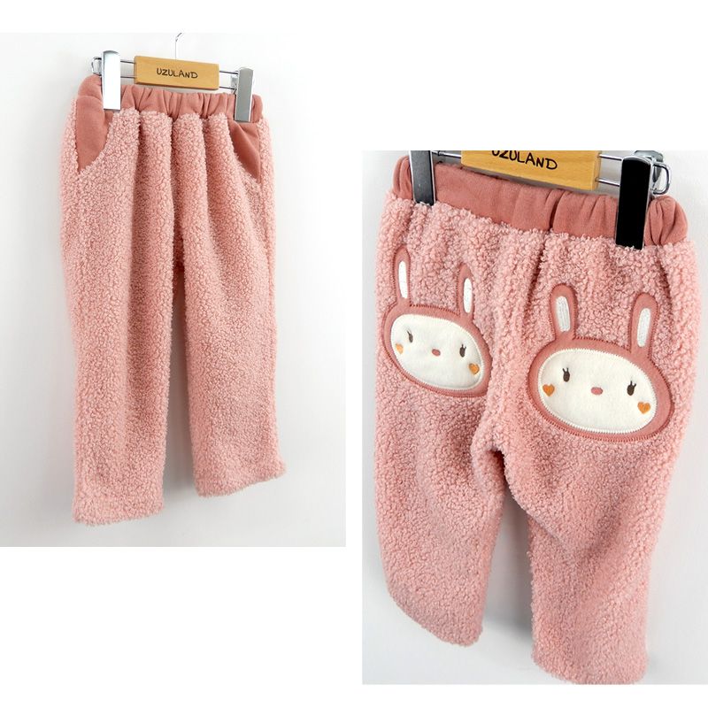 日本 ZOOLAND - 泰迪熊毛絨保暖長褲-兔子屁屁-桃粉