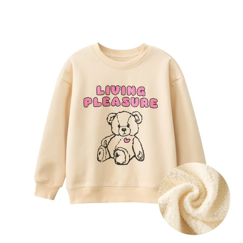 (大童)加絨圓領長袖上衣/大學T-愛心玩偶熊-杏色