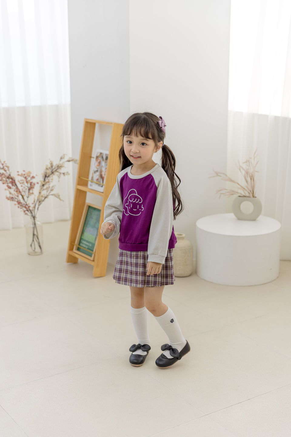 韓國 Orange Mom - 馬尾女孩拼色棉T-紫