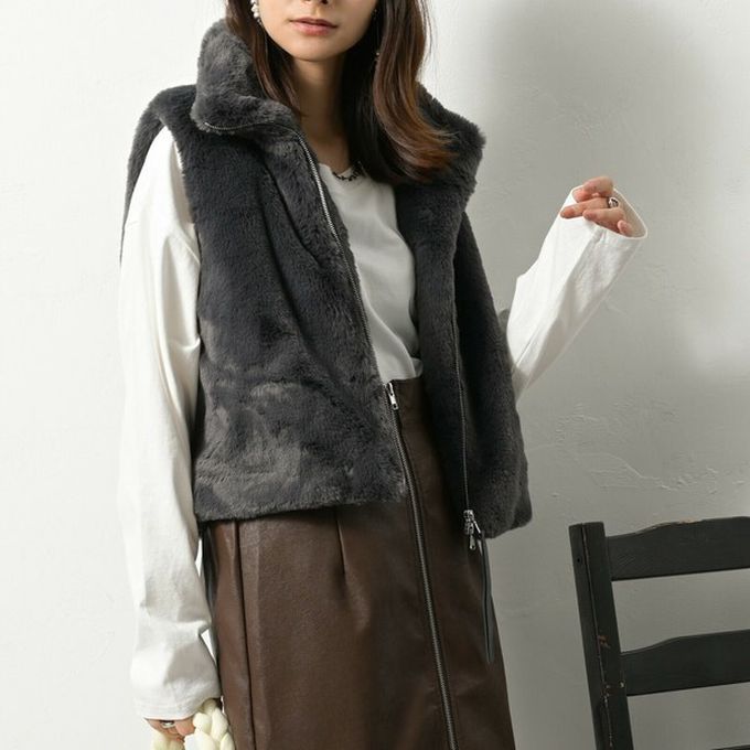 日本 ELENCARE DUE - 柔軟蓬鬆仿毛立領雙拉鍊背心-摩卡灰