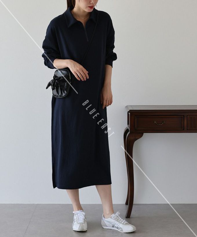 日本 BLUE EAST - 半拉鏈時尚休閒長袖洋裝-淺灰