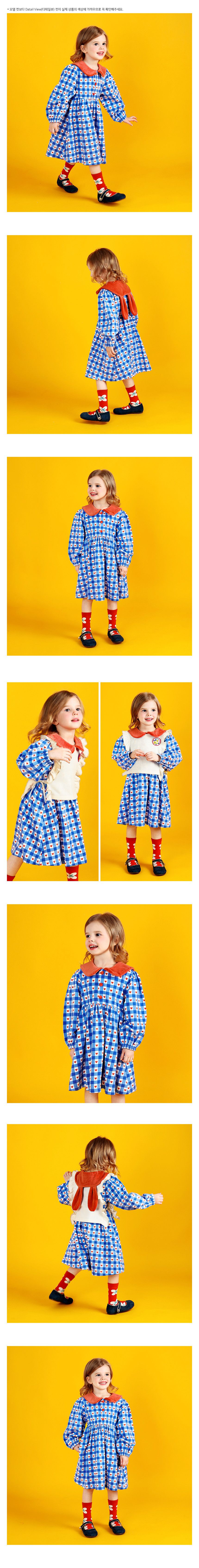 韓國 WALTON kids - 格紋愛心兔兔翻領連身洋裝-藍