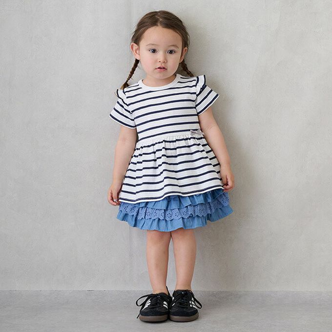 日本 petit main - 荷葉袖傘狀層次短袖上衣-條紋-紫x白