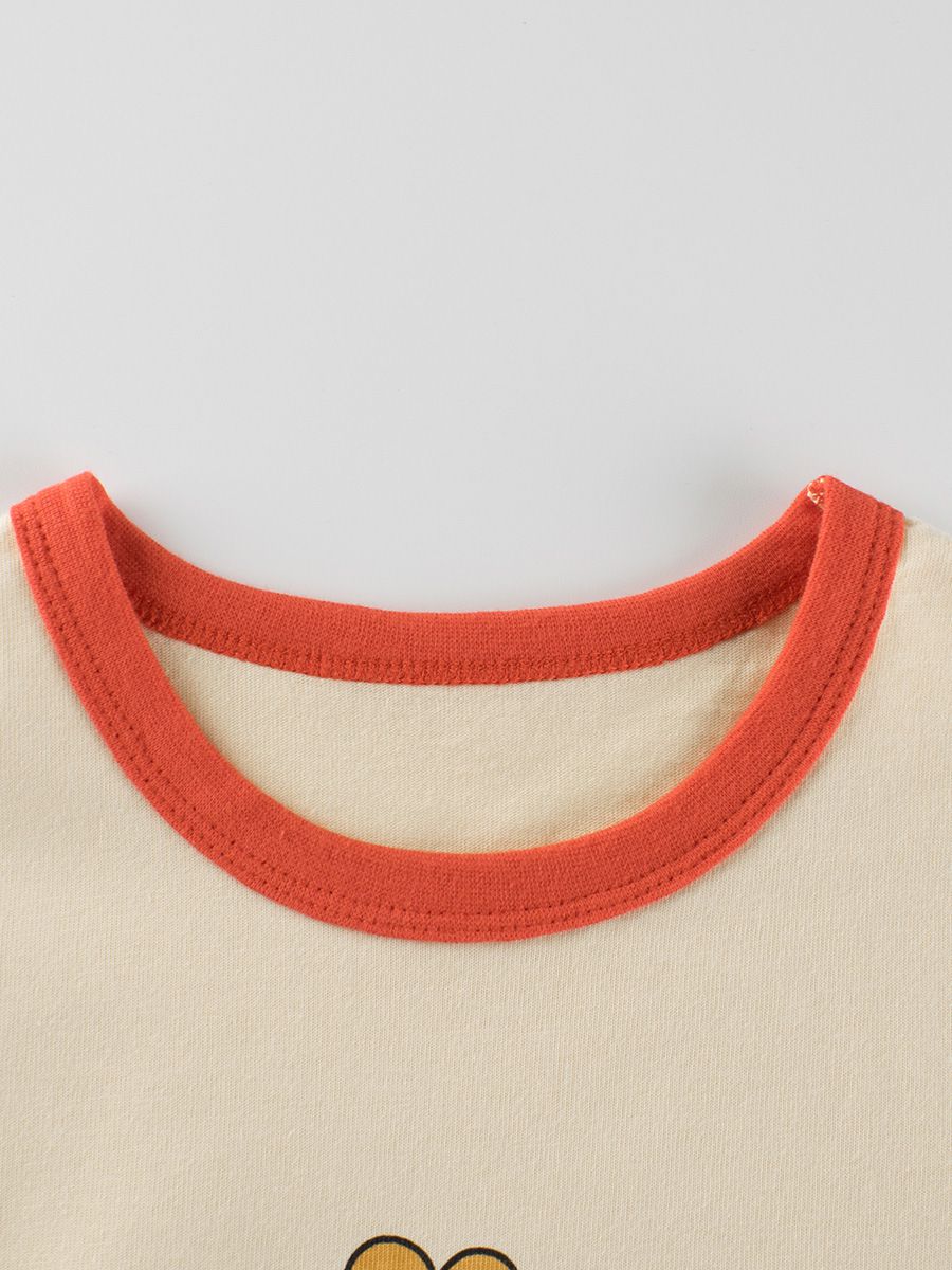 純棉圓領薄長袖上衣-吊帶褲熊熊-杏色