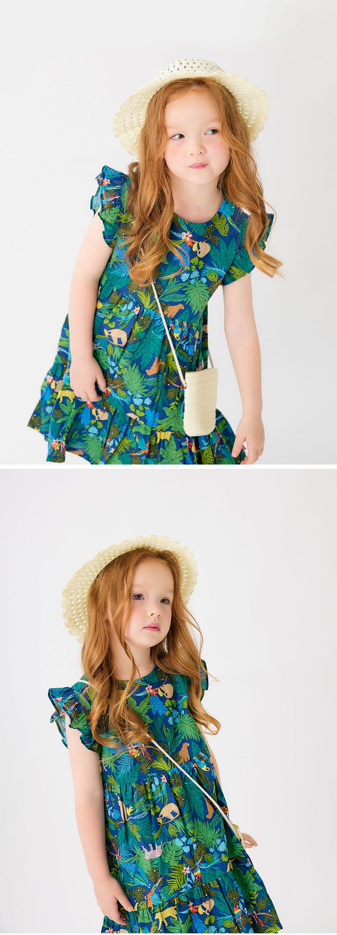 韓國 OZKIZ - (附包包帽子)熱帶棕櫚印飄逸荷葉袖洋裝-白X綠