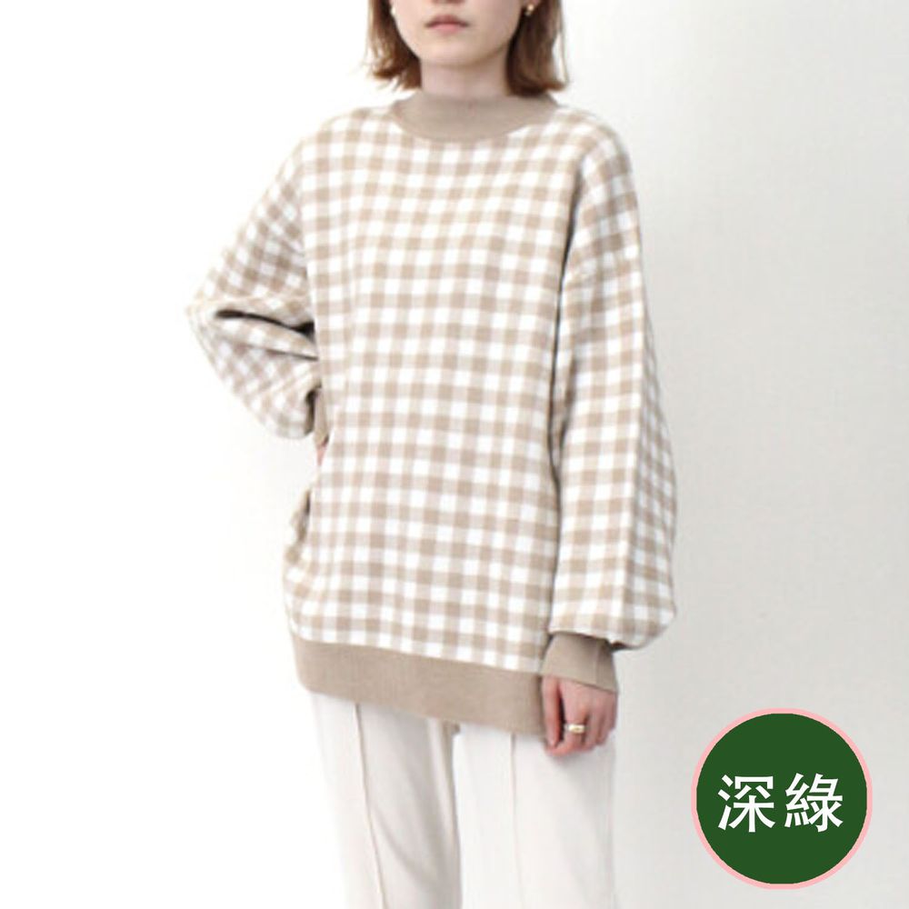 日本 Riche Glamour - 撞色格紋前短後長立領毛衣-深綠