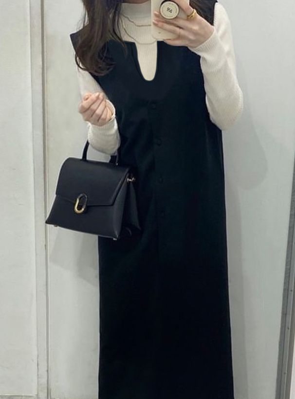 日本 GRL - 鑰匙領修身麂皮背心裙洋裝-黑