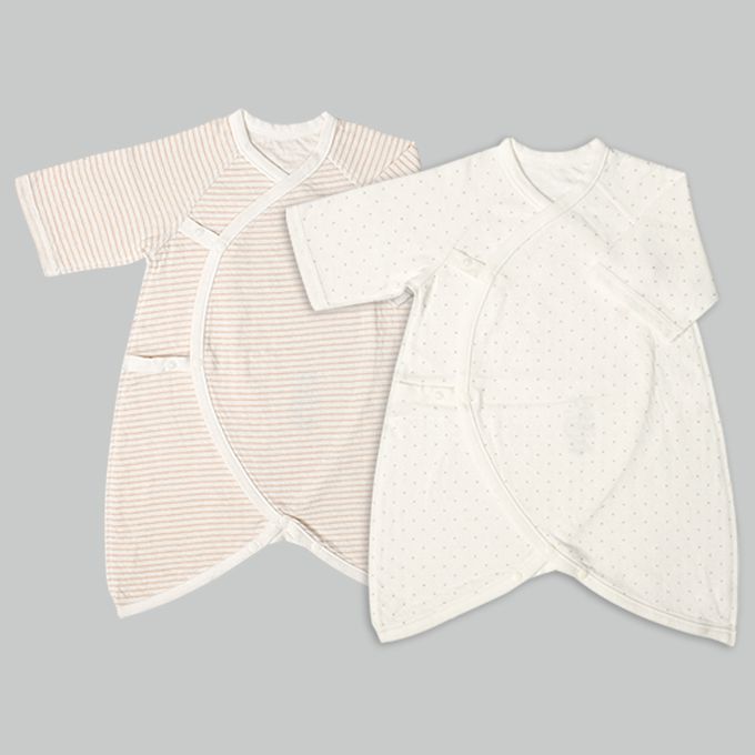 akachan honpo - 長袖新生兒內衣4件組蓬鬆棉質-按扣款-淺卡其色 (50~60cm)