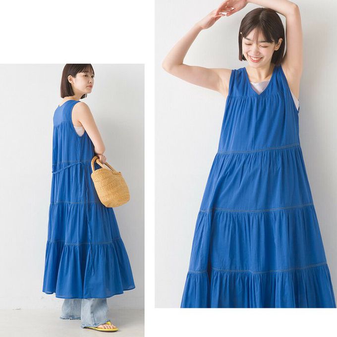 日本 OMNES - 100%印度棉 巴里紗分層V領無袖洋裝-咖啡