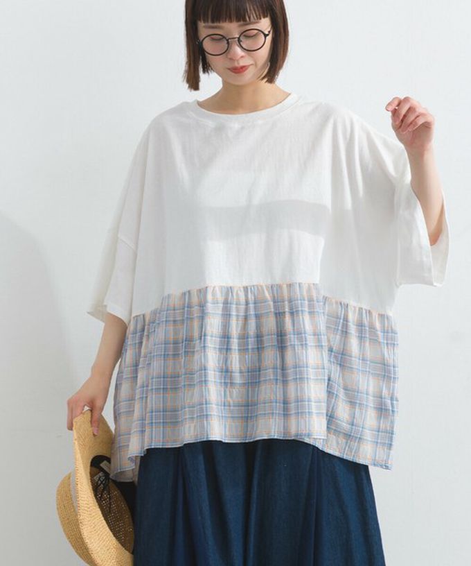 日本 Lupilien - 接觸涼感 可愛格紋休閒五分袖上衣-橘