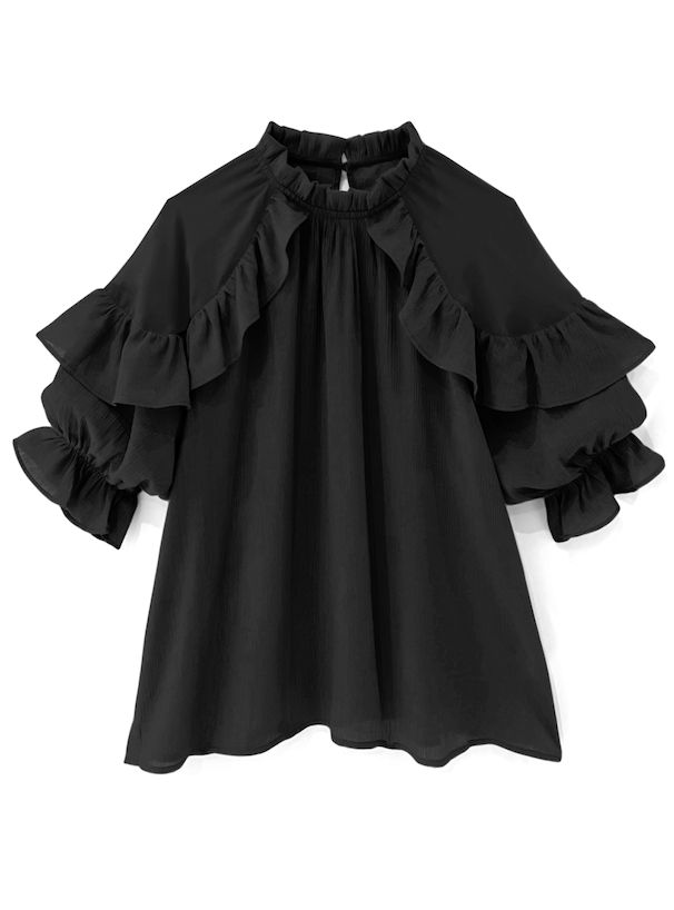 日本 GRL - 浪漫公主荷葉滾邊上衣-優雅黑 (F)