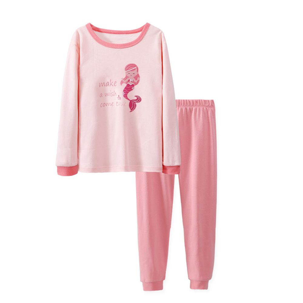 純棉長袖家居服套裝-條紋美人魚-粉色