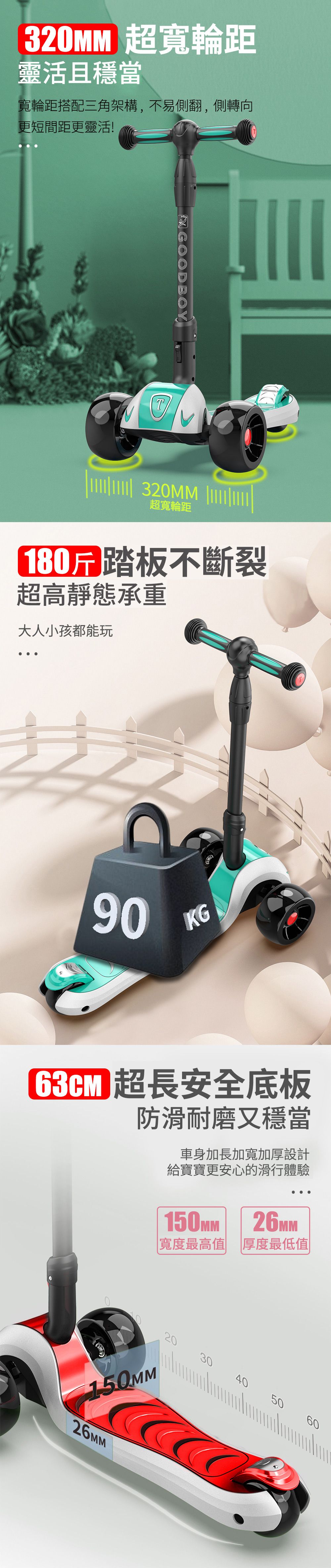 i-Smart - 巨無霸閃光兒童三輪折疊滑板車(有音樂閃光)-薄荷綠