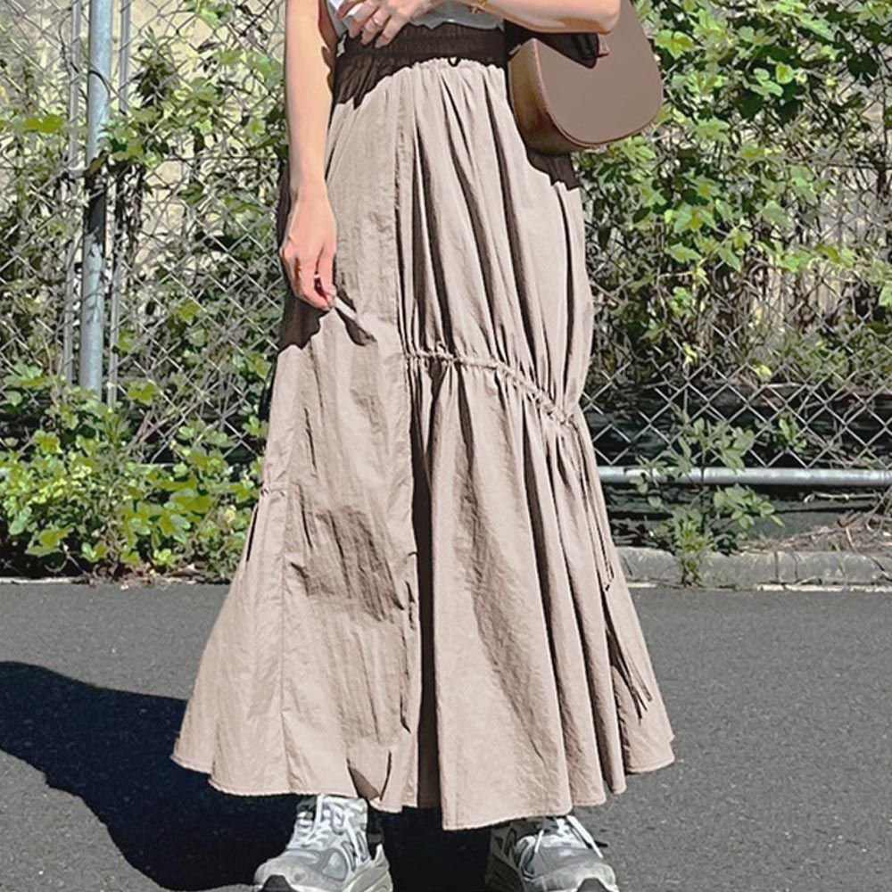 日本 GRL - 不規則綁帶搖曳皺摺長裙-淺卡其