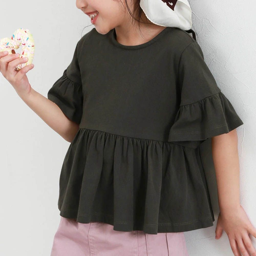 寬鬆圓領荷葉五分袖上衣-黑灰