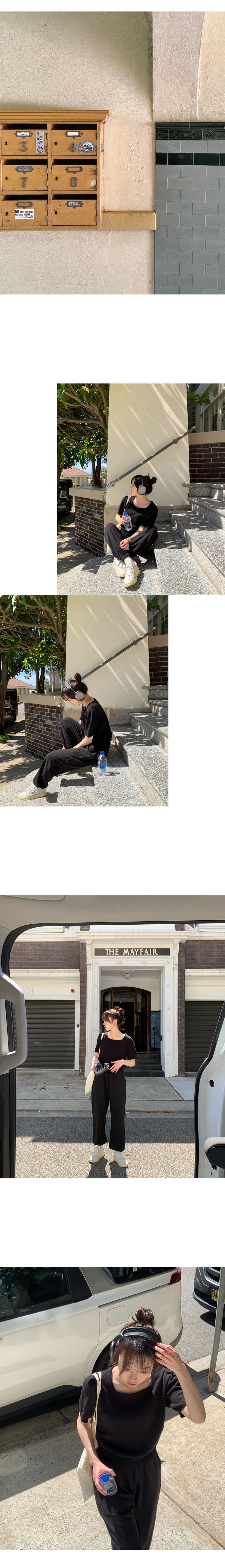 韓國 98doci - 氣質方領針織短袖上衣-黑