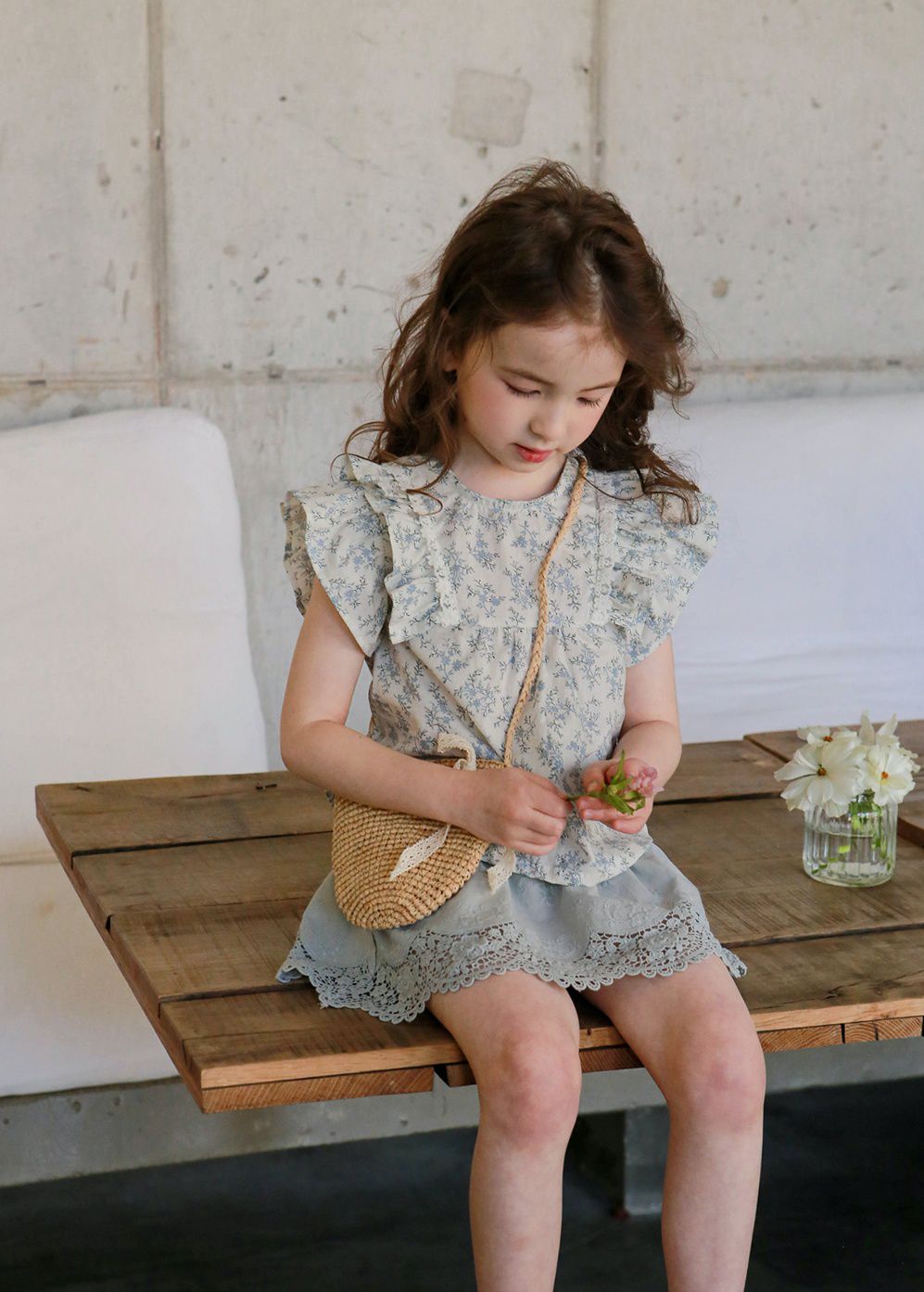 韓國 PuellaFLO - 雙層荷葉袖碎花上衣-藍花