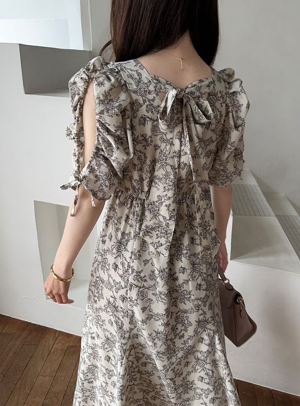 日本 GRL - 優雅歐風碎花收腰魚尾洋裝-米杏