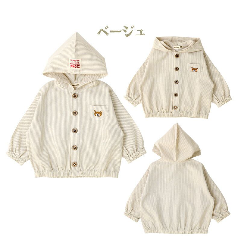 日本 ZOOLAND - 小熊刺繡口袋休閒連帽外套-藍條紋