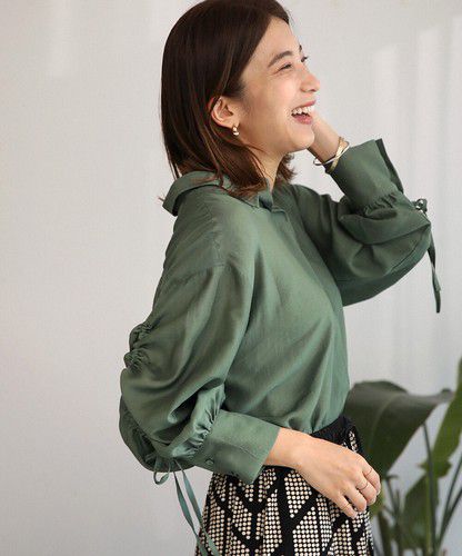 日本 Bou Jeloud - 個性抽繩設計長袖襯衫-淺墨綠