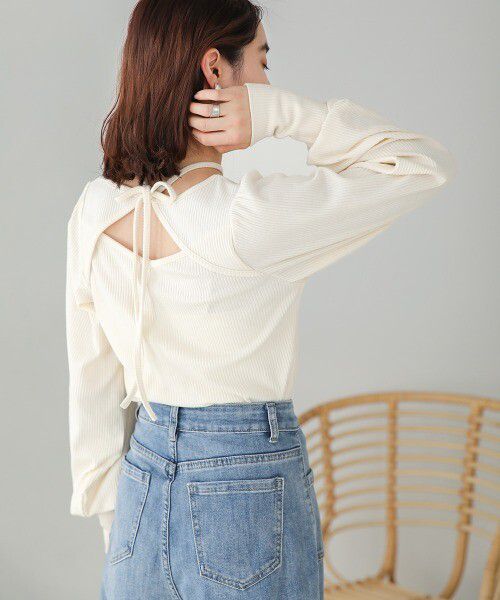 日本 Bab - 2WAY氣質綁帶羅紋泡泡袖上衣-米杏