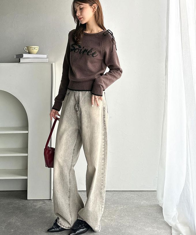 日本 Classical Elf - mily bilet 露肩綁帶唯美文字針織上衣-灰