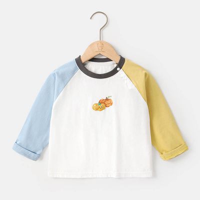 CUTEPANDA'S - 純棉圓領長袖上衣-小南瓜-黃藍拼色