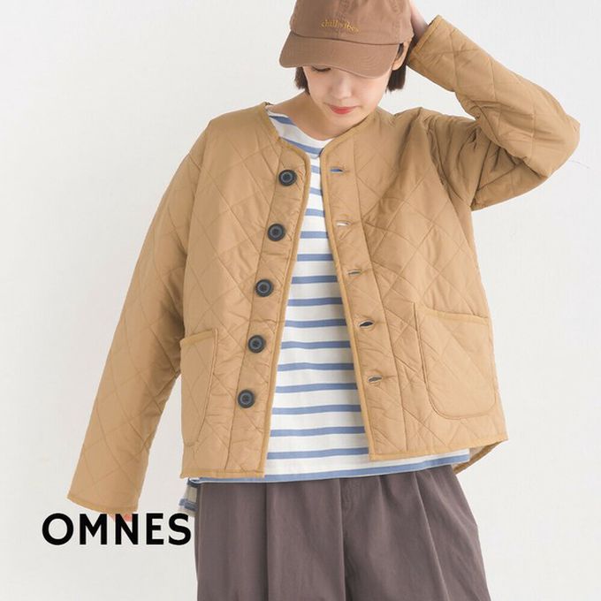 日本 OMNES - 超柔厚刷毛高密度衍縫圓領外套-杏