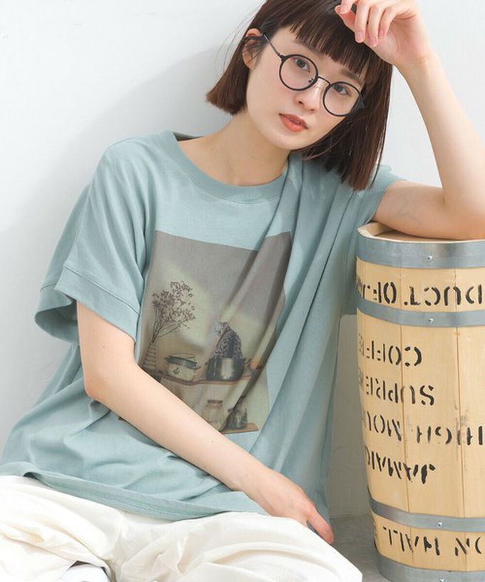 日本 Lupilien - 16支天竺棉 療癒印花法式袖上衣-貓咪的房間-白