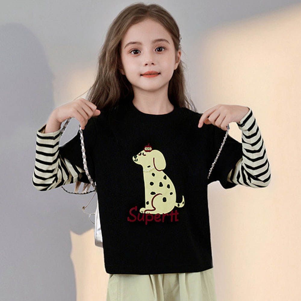 層次感假兩件長袖上衣-優雅狗狗-黑色