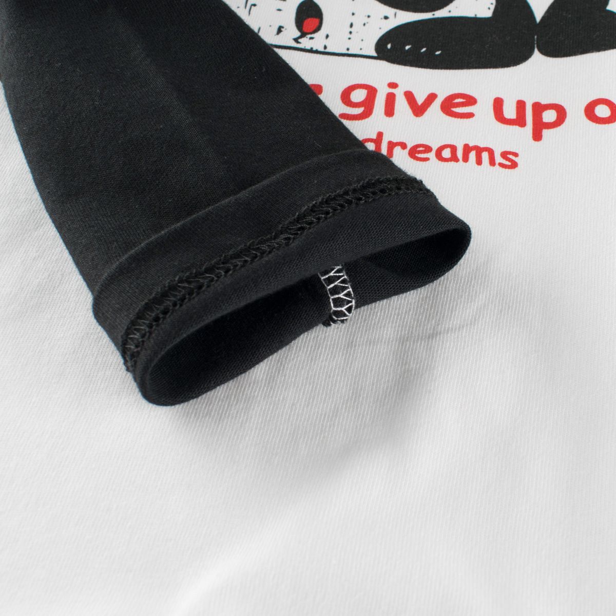 純棉圓領薄長袖上衣-懶惰熊貓-米白+黑