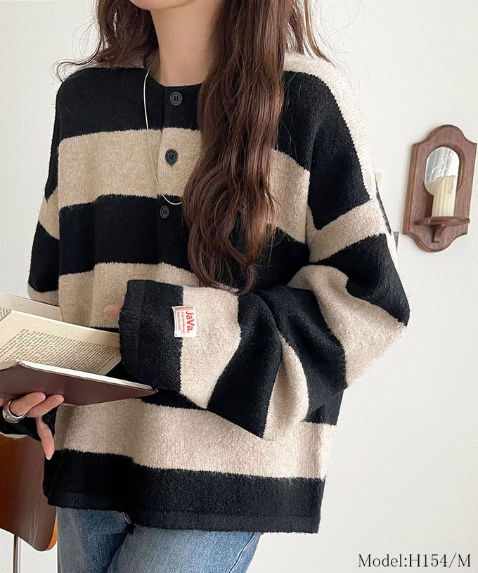 日本 Classical Elf - Java 率性亨利領寬鬆厚針織上衣-灰